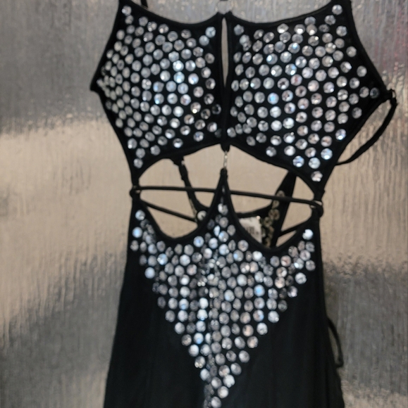 Sexy black stretchy feather and rhinestone dress wedding club prom unique party - Picture 3 of 7